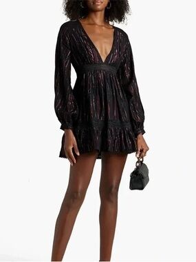 NEW Rococo Sand Black Metallic V Neck Long Sleeve Diva Lace Paneled Mini Dress